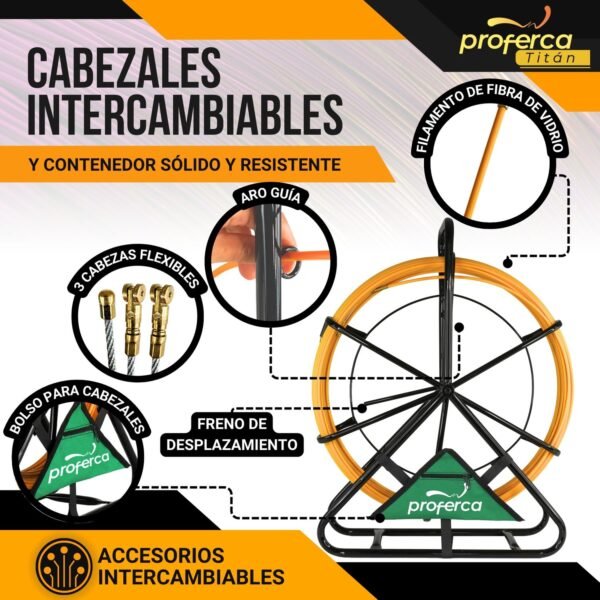Guía Pasacables Fibra de Vidrio Reforzada 6mm y 50 Metros con Contenedor y accesorios - Gel Pasacables de regalo - Imagen 3